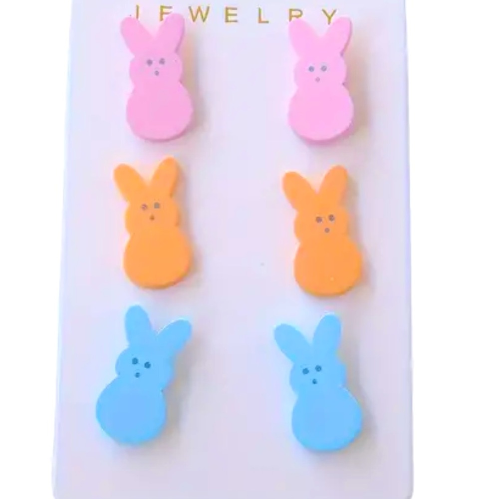 Set of 3 Easter Peeps Bunny Rabbit Earrings Pink Blue Peach Acrylic